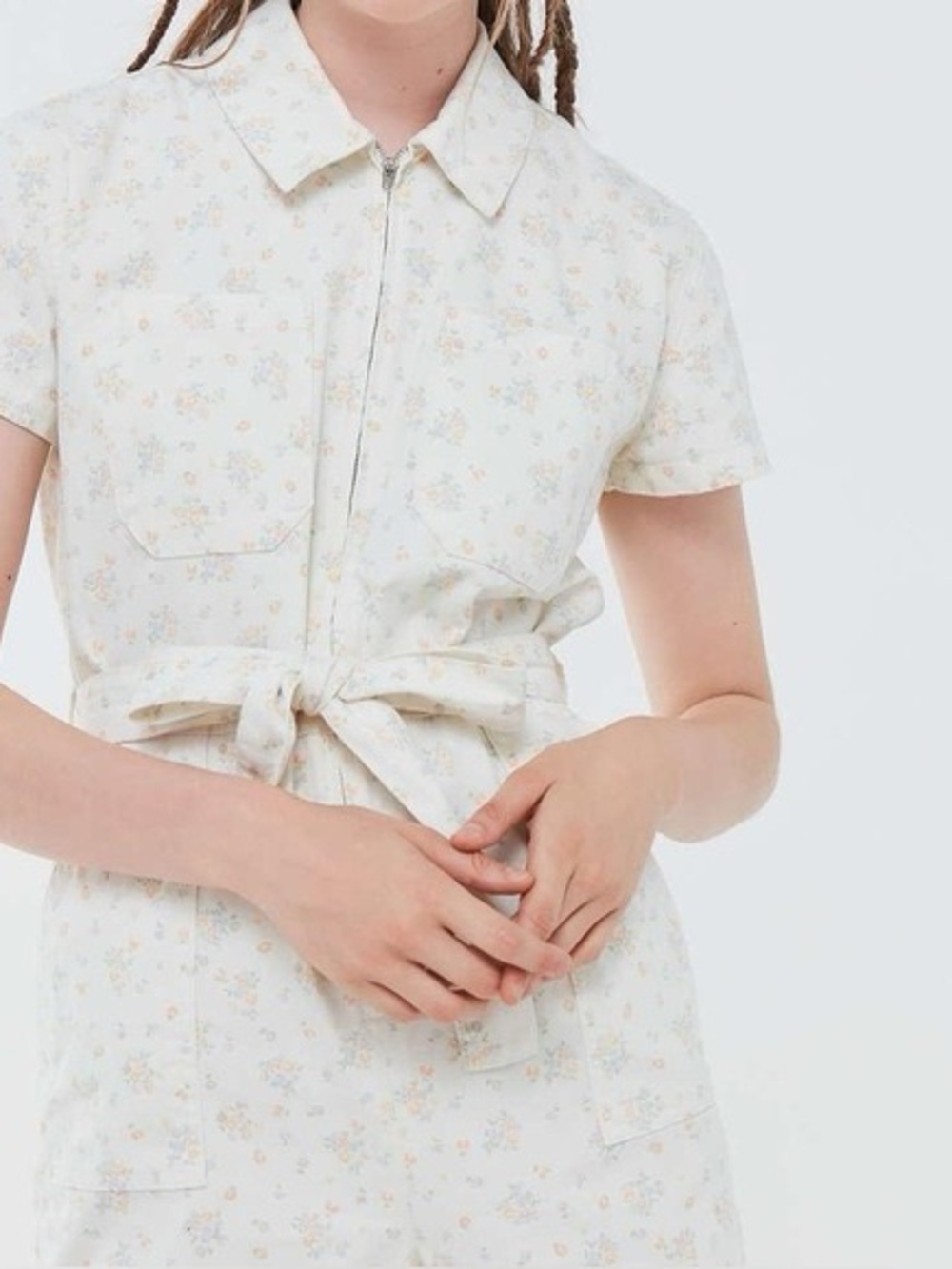 Urban Outfitters Floral Cream Short Sleeve Romper playsuit shorts floral pockets